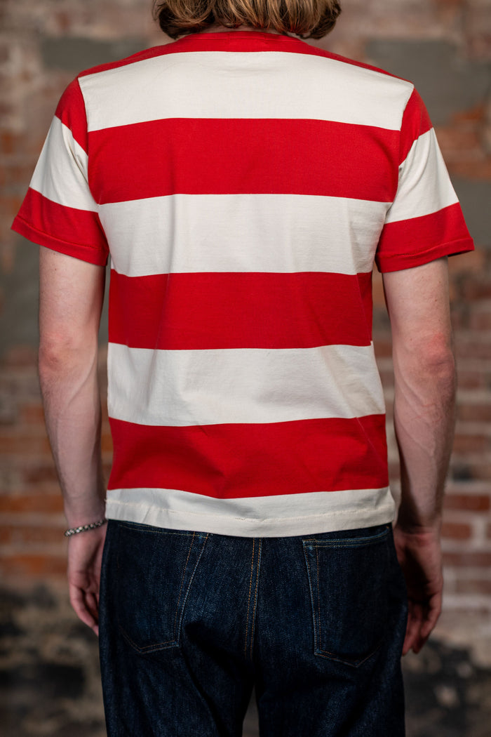 Freenote Cloth Mooch Tee - Red Stripe. on model back profile
