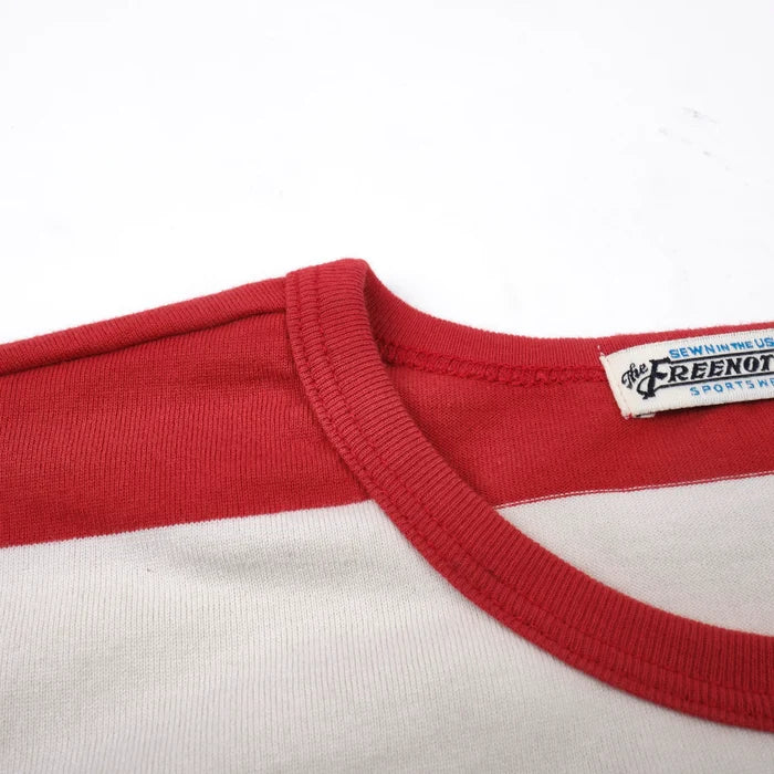 Freenote Cloth Mooch Tee - Red Stripe. detail shot of collar