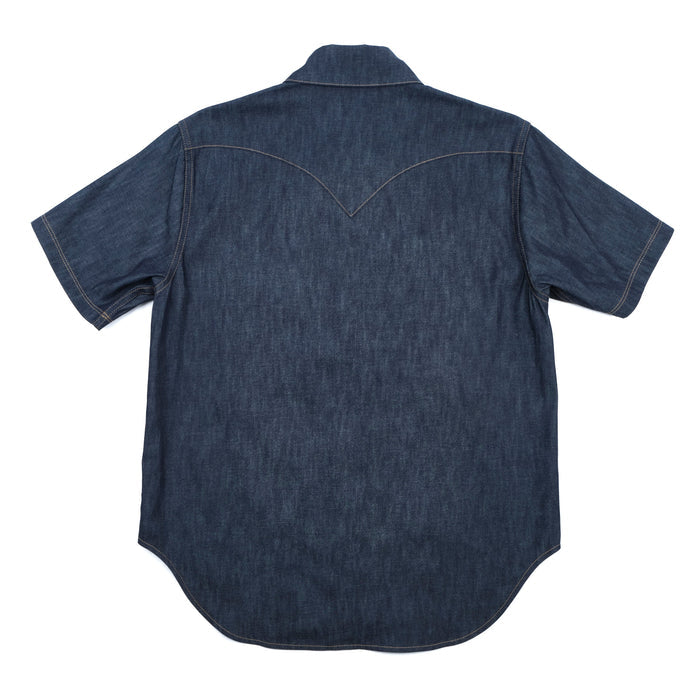 Dark indigo denim western-style short sleeve shirt with white snaps, back view laying flat