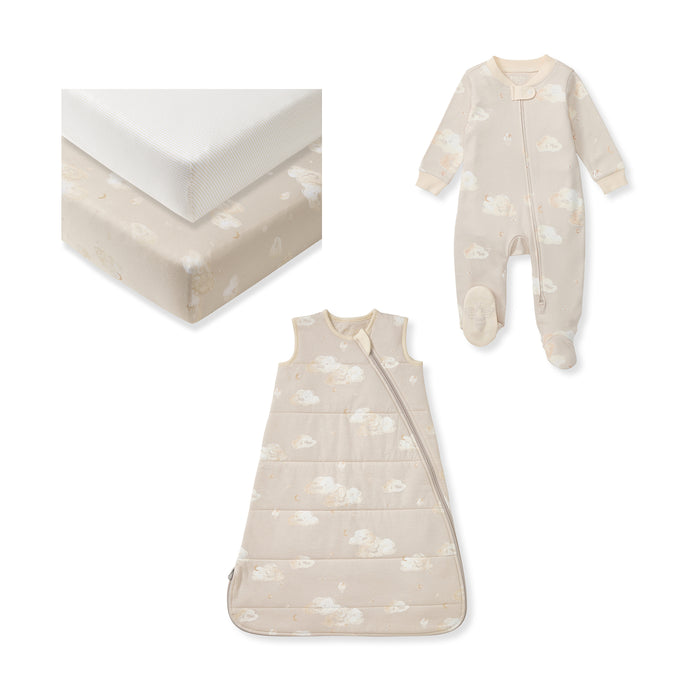 Newborn bedtime bundle: cloud print footed sleeper, sleep sack & fitted sheet