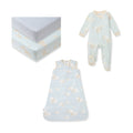 Newborn baby boy bedtime bundle with light blue cloud print footed sleeper and sleep sack