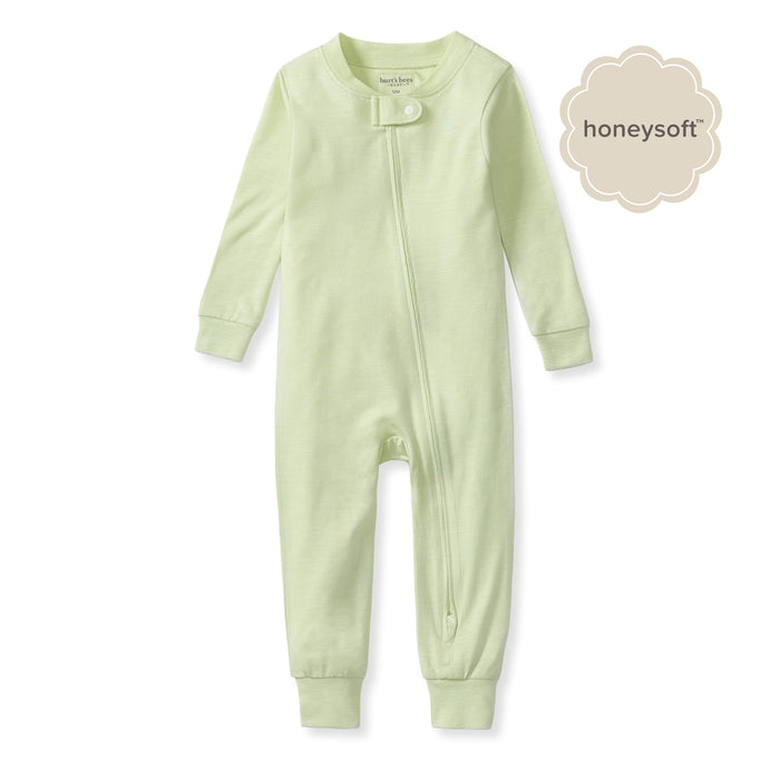 Sea green footless baby sleeper with full-length zipper and ribbed cuffs