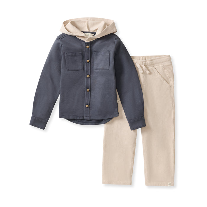Hooded button-down shirt set with dark blue jacket and beige hood, paired beige pants