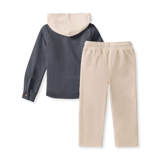 Hooded button-down top and light beige pants set, dark blue hood and sleeves