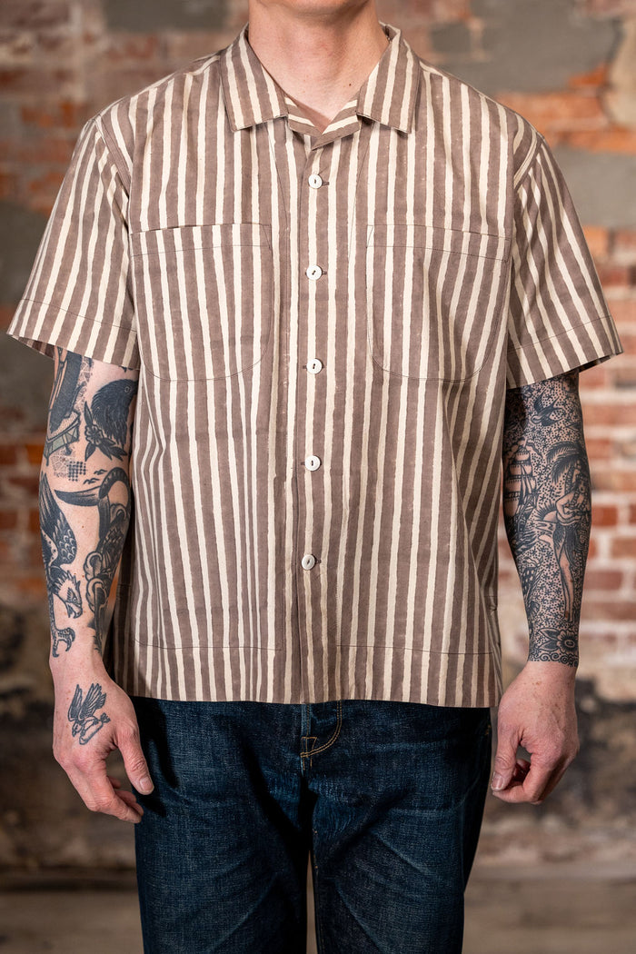 Indi + Ash Lake Camp Shirt - Organic Cotton Sheeting Black Print Stripe Iron Grey/Natural