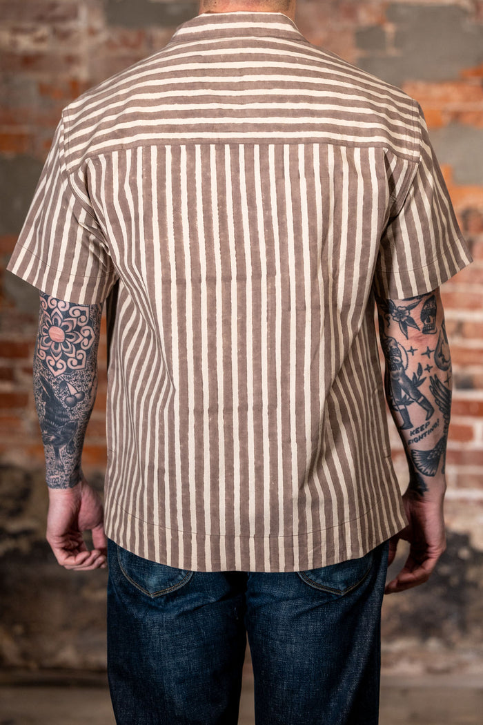 Indi + Ash Lake Camp Shirt - Organic Cotton Sheeting Black Print Stripe Iron Grey/Natural