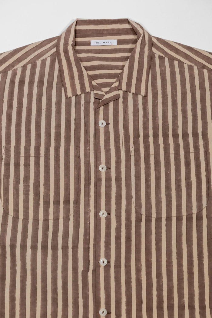 Indi + Ash Lake Camp Shirt - Organic Cotton Sheeting Black Print Stripe Iron Grey/Natural