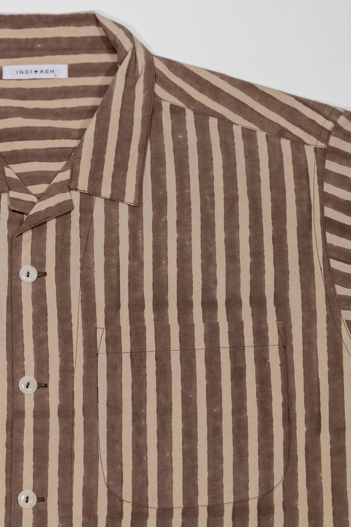 Indi + Ash Lake Camp Shirt - Organic Cotton Sheeting Black Print Stripe Iron Grey/Natural