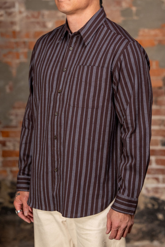 Indi + Ash L/S Brook Shirt - Handwoven Kala Cotton Variegated Stripe Plum/Indigo