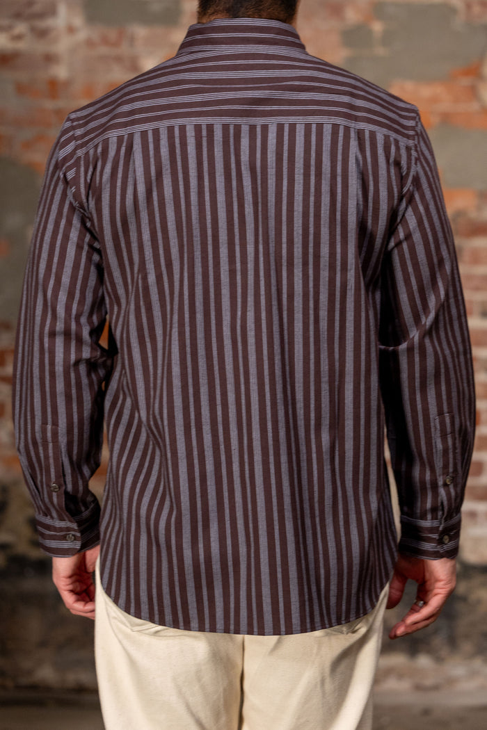 Indi + Ash L/S Brook Shirt - Handwoven Kala Cotton Variegated Stripe Plum/Indigo