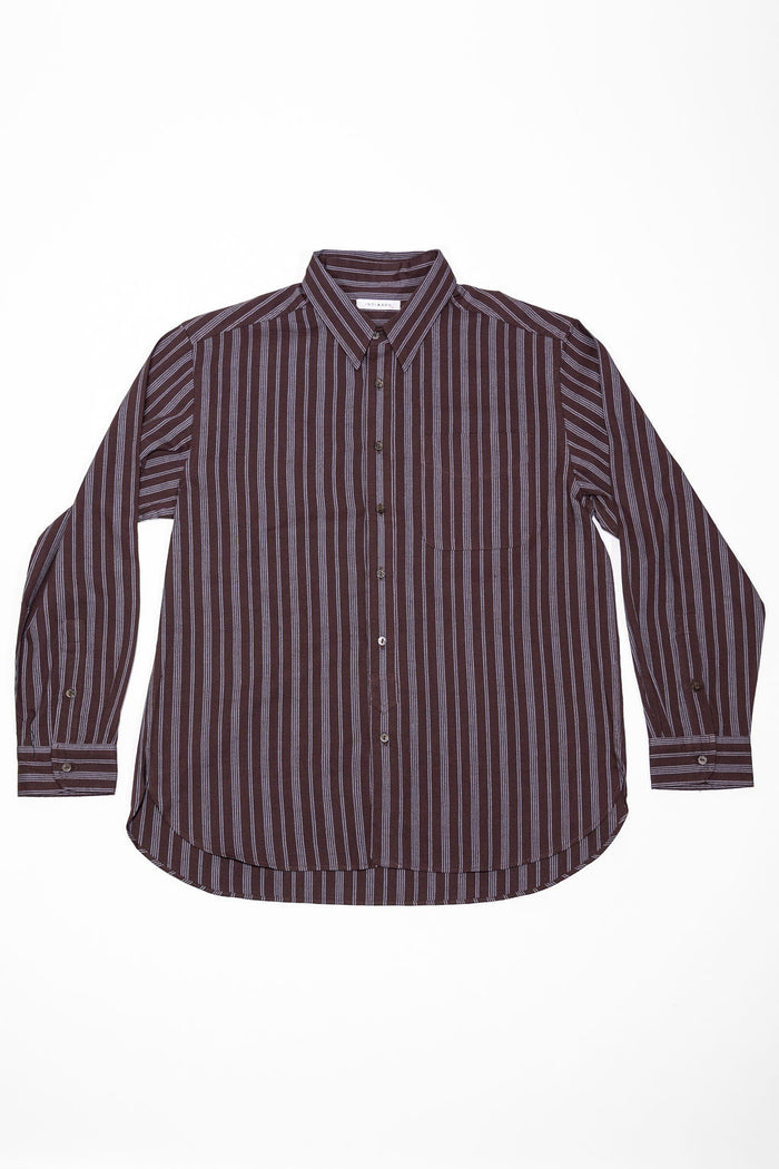 Indi + Ash L/S Brook Shirt - Handwoven Kala Cotton Variegated Stripe Plum/Indigo