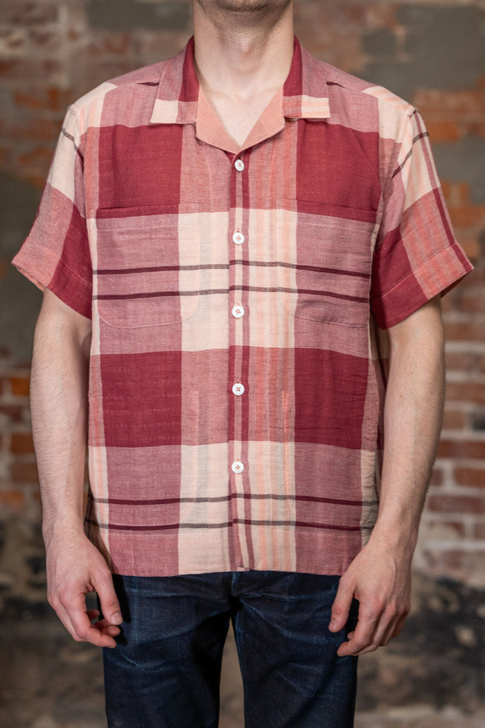 Indi + Ash Reversible Lake Camp Shirt, side A (wide red plaid) on model, front view