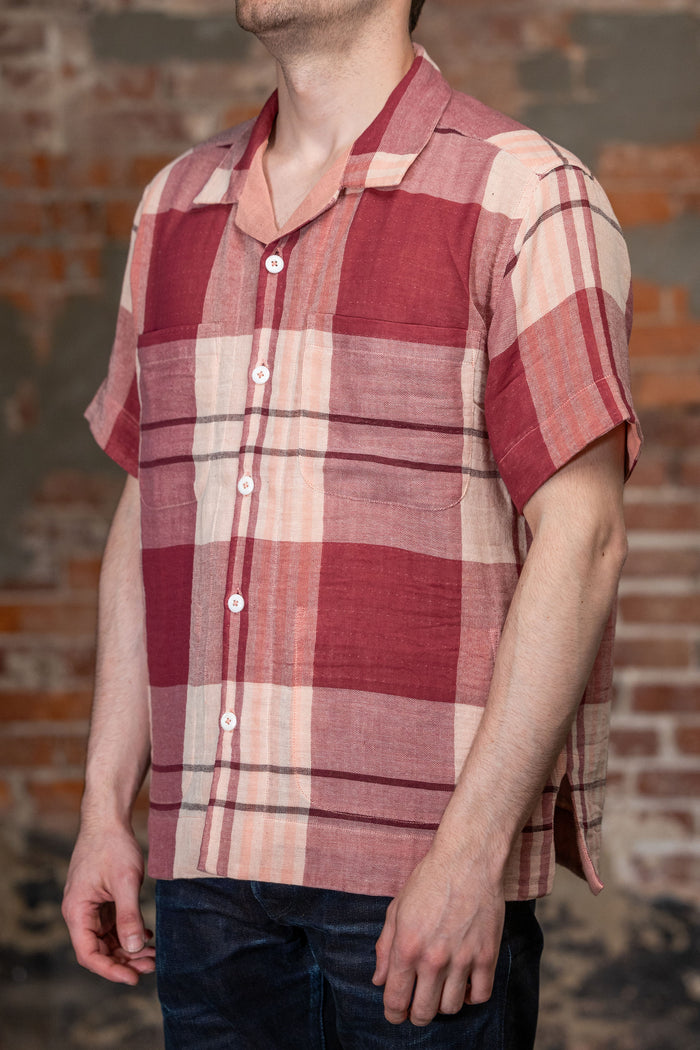 Indi + Ash Reversible Lake Camp Shirt, side A (wide red plaid) on model, side view