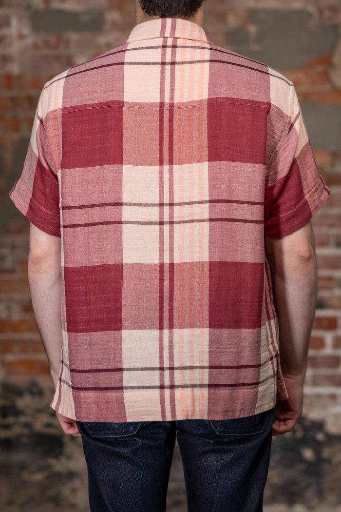 Indi + Ash Reversible Lake Camp Shirt, side A (wide red plaid) on model, back view