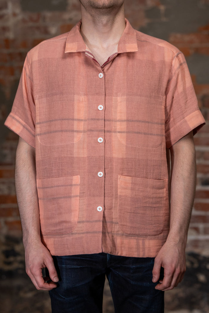 Indi + Ash Reversible Lake Camp Shirt, side B (pink with subtle plaid) on model, front view