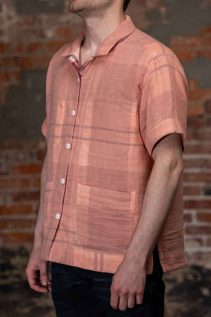 Indi + Ash Reversible Lake Camp Shirt, side B (pink with subtle plaid) on model, side view