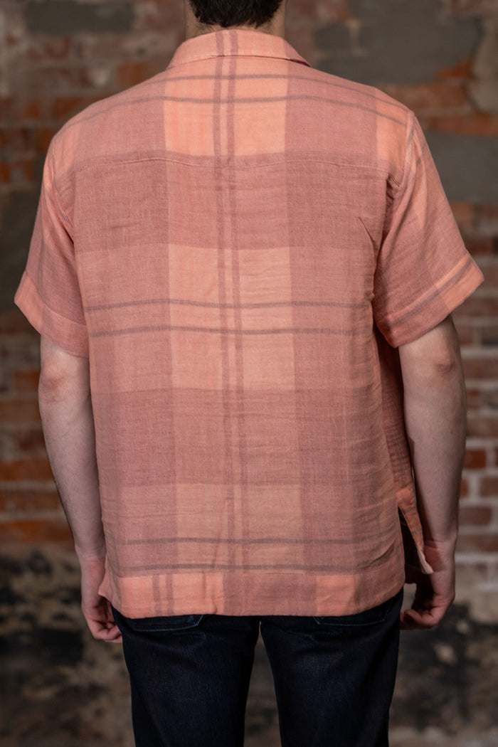 Indi + Ash Reversible Lake Camp Shirt, side B (pink with subtle plaid) on model, back view