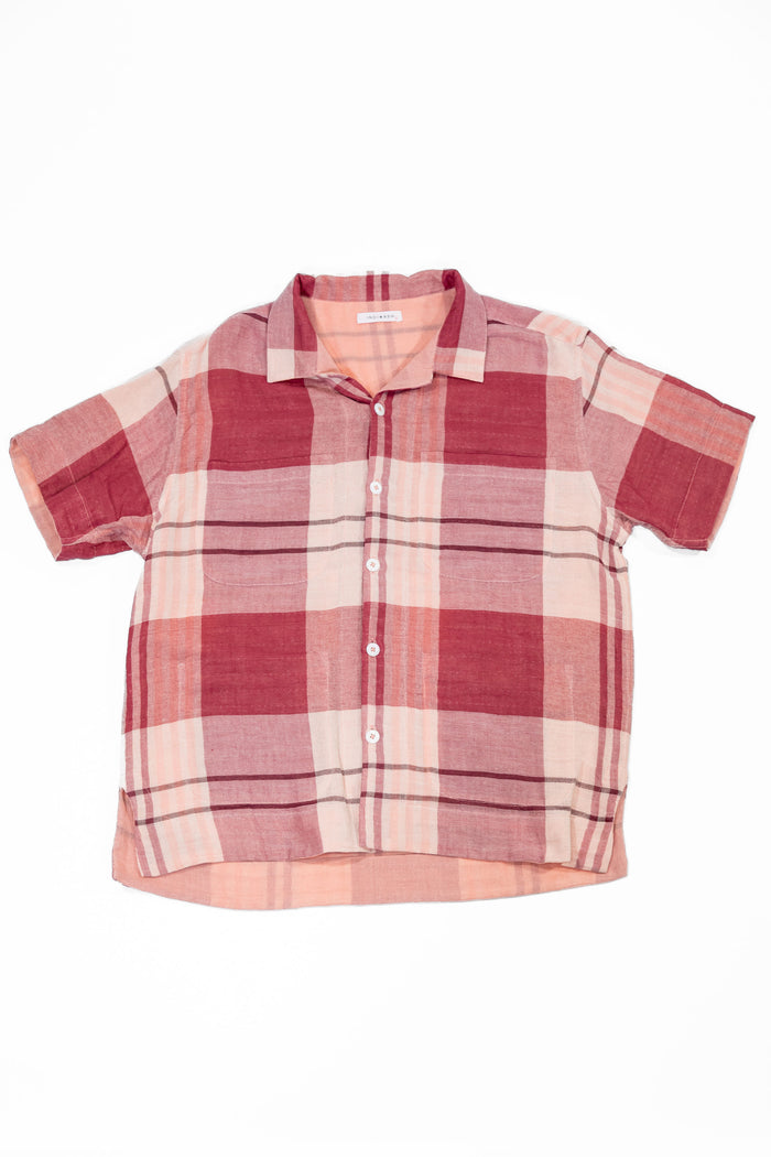 Indi + Ash Reversible Lake Camp Shirt, side A (wide red plaid) laying flat, front view