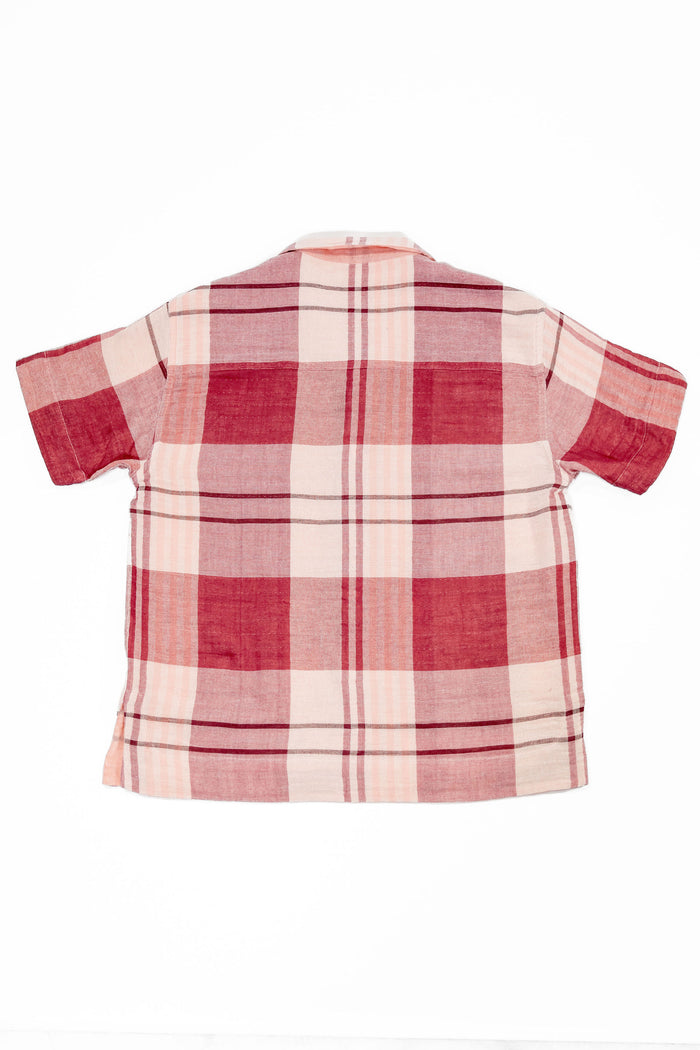 Indi + Ash Reversible Lake Camp Shirt, side A (wide red plaid) laying flat, back view
