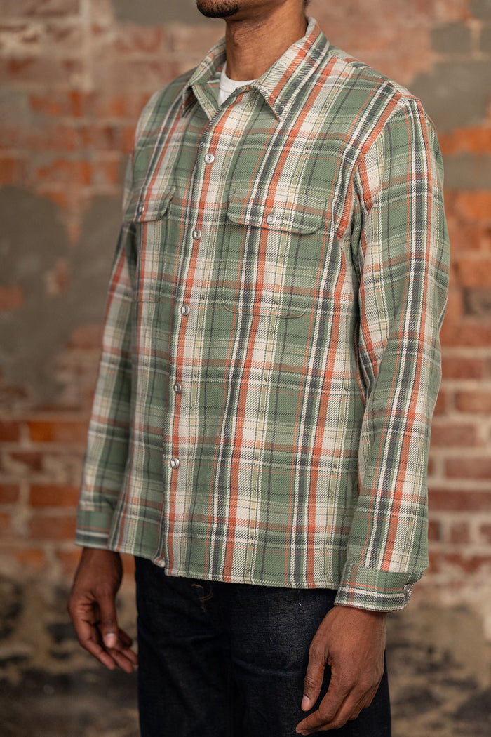 Indigofera Webster - 7.3oz Jacquard Flannel Green/Beige Check - three quarter model