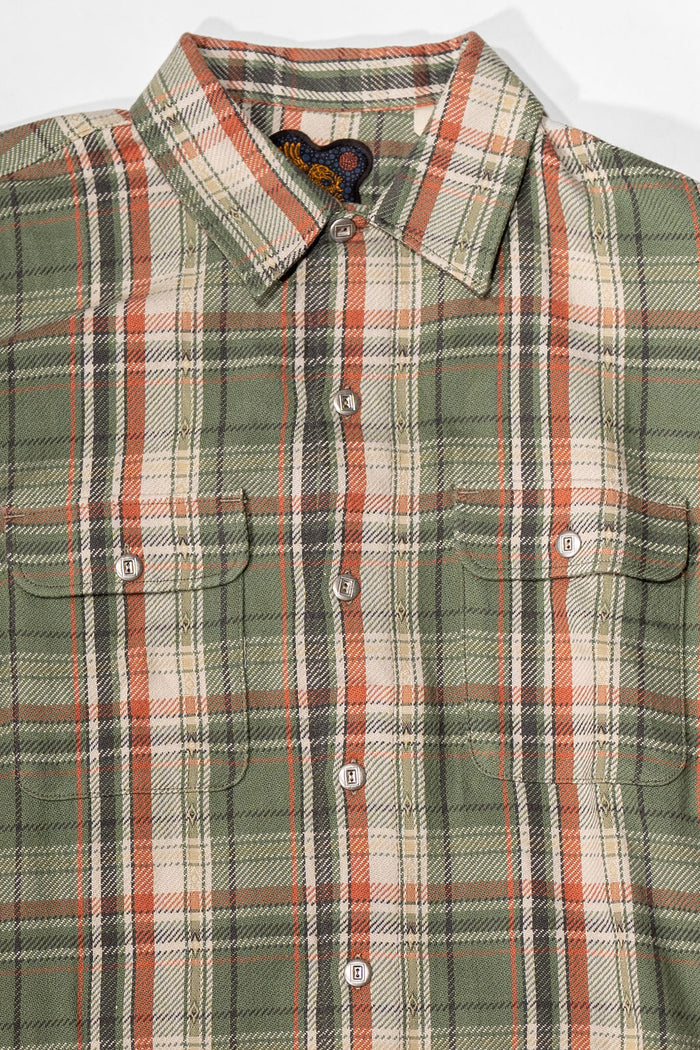Indigofera Webster - 7.3oz Jacquard Flannel Green/Beige Check - front details