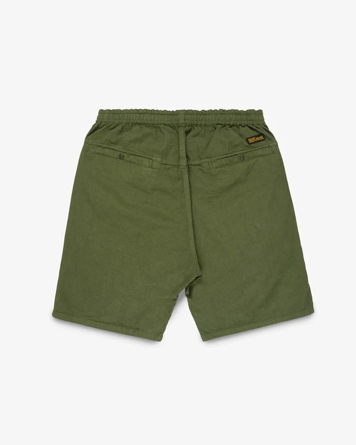 Olive mid length shorts back view laying flat