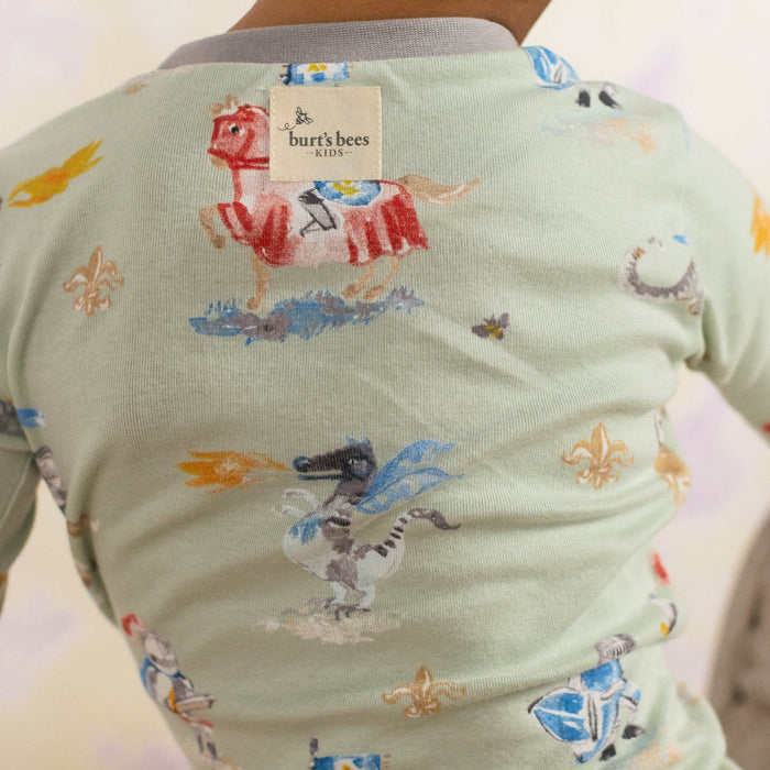 Light green pajama top back with knights and dragons graphic print, crew neckline