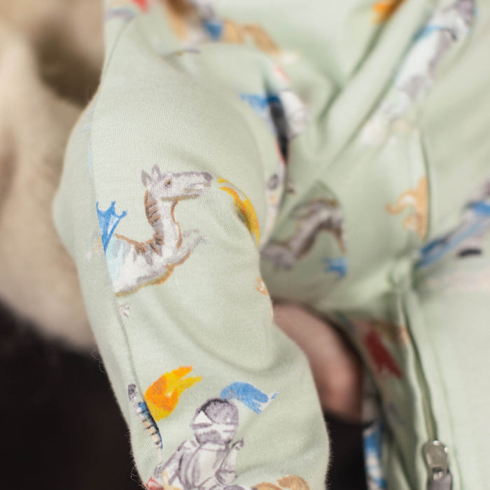 Light green romper sleeve with colorful knight, dragon and mountain print