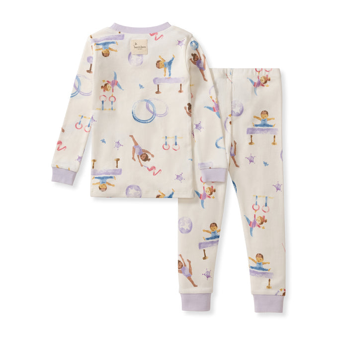 Organic cotton pajama set with cream top and pants, gymnastics print and lavender trim