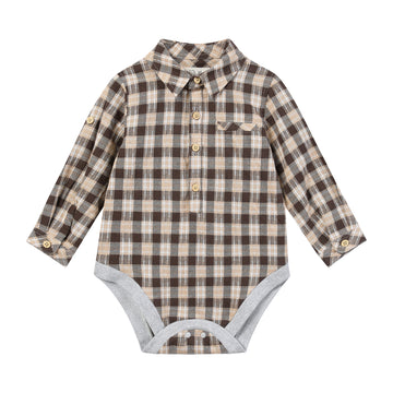 Me & Henry Jasper Woven Onesie | Brown/Cream Textured Plaid