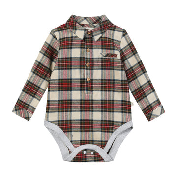 Me & Henry Jasper Woven Onesie | Cream/Green Plaid