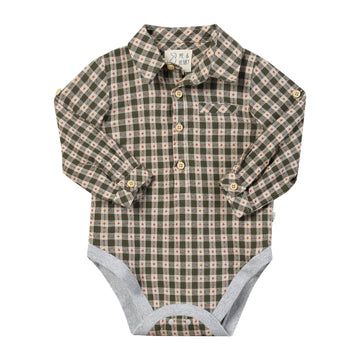 Me & Henry Jasper Woven Onesie | Sage/Rust Stitch Plaid