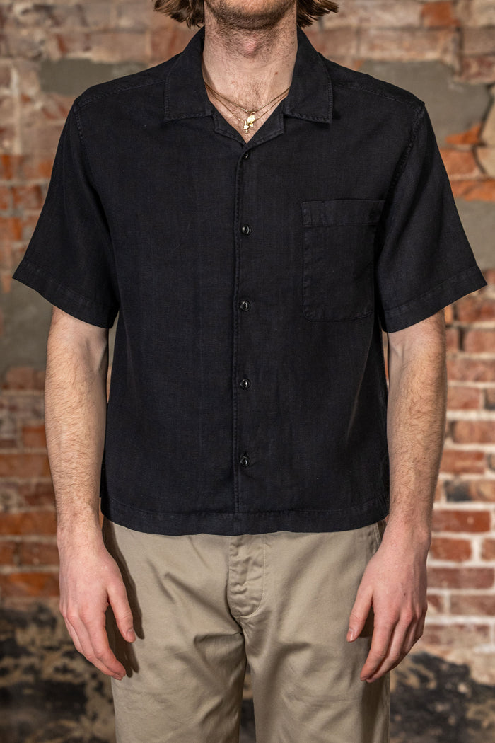 Merz b. Schwanen SHIRT03LI Linen Bowling Shirt - Deep Black