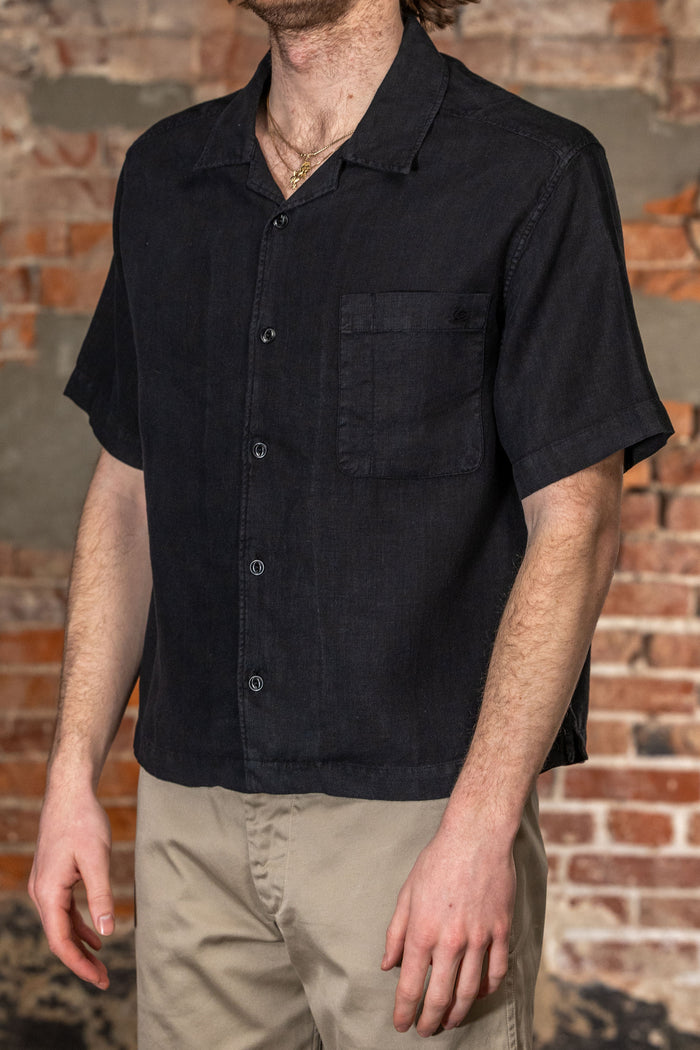 Merz b. Schwanen SHIRT03LI Linen Bowling Shirt - Deep Black