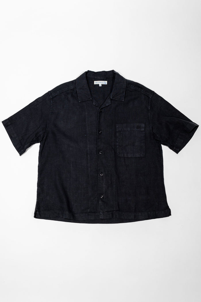 Merz b. Schwanen SHIRT03LI Linen Bowling Shirt - Deep Black