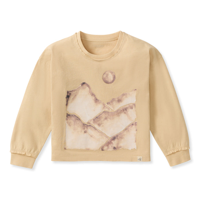 Long-sleeve organic cotton tee in cream with mountain and moon front graphic