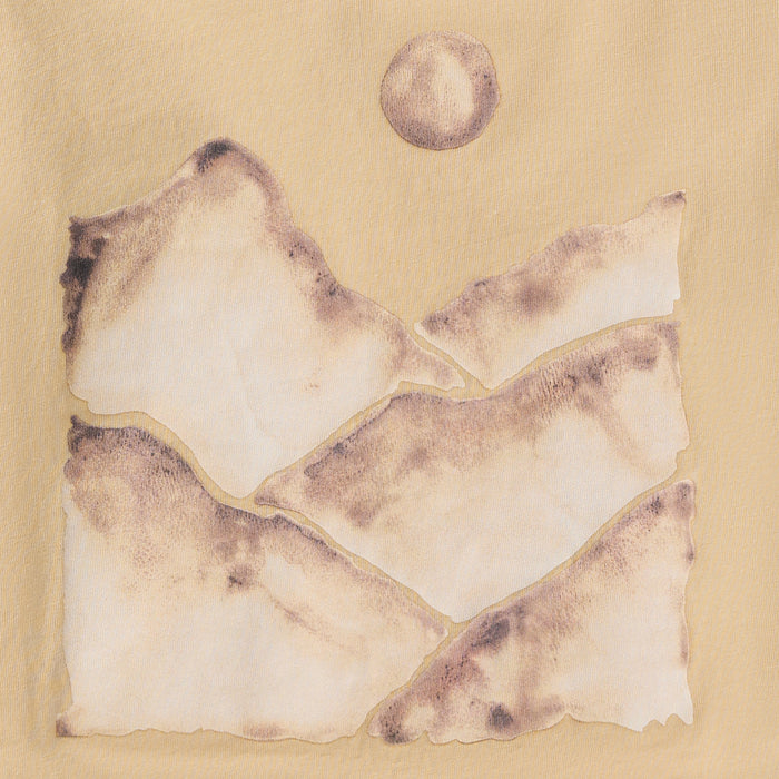 Long-sleeve organic cotton tee with mountain-themed watercolor graphic and moon print