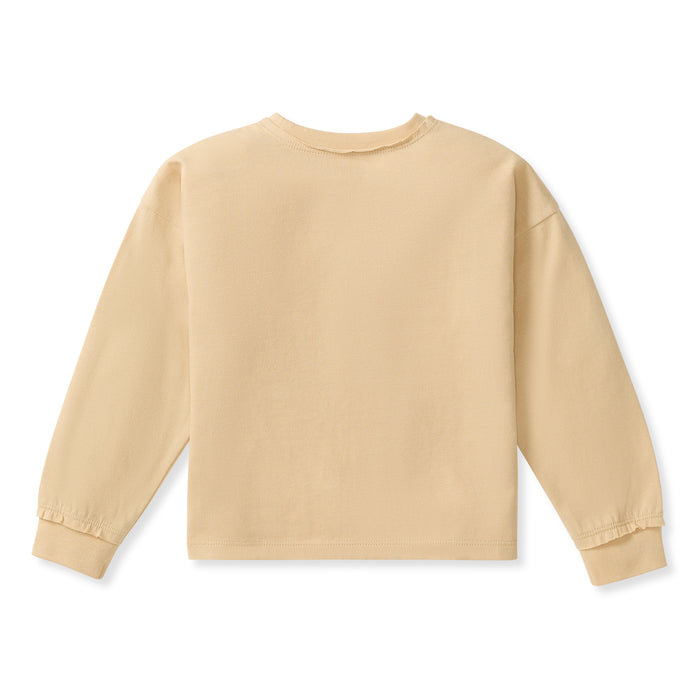 Long-sleeve organic cotton tee, solid cream back with crew neck and ribbed cuffs