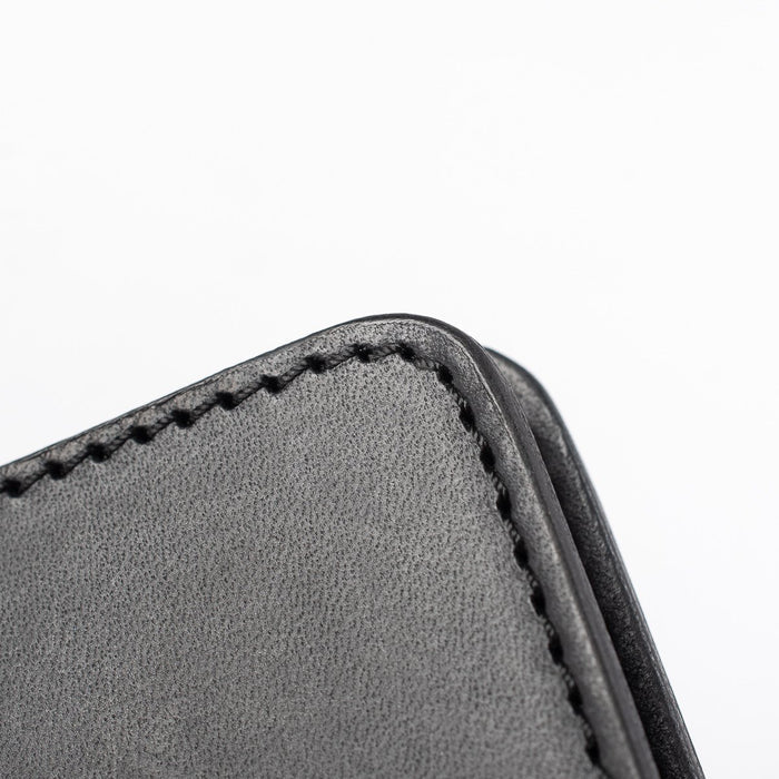 Obbi Good Label Kingsman Metro Flap Style Cardholder - Black - Close up of black stitching of wallet against a white background