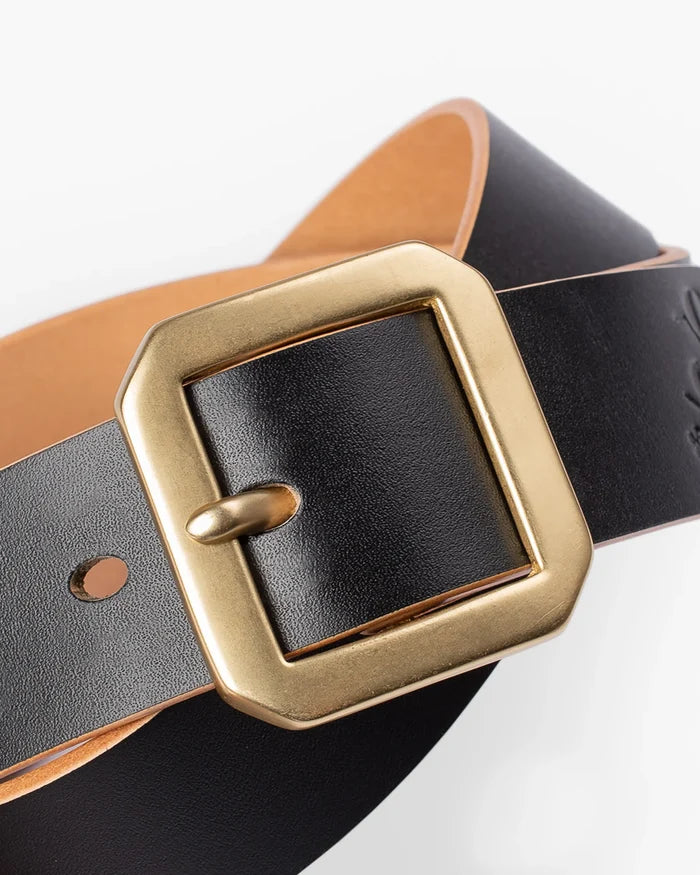 Obbi Good Label Single Prong Garrison Buckle Leather Belt - Hand-Dyed Black - Detail of buckled belt