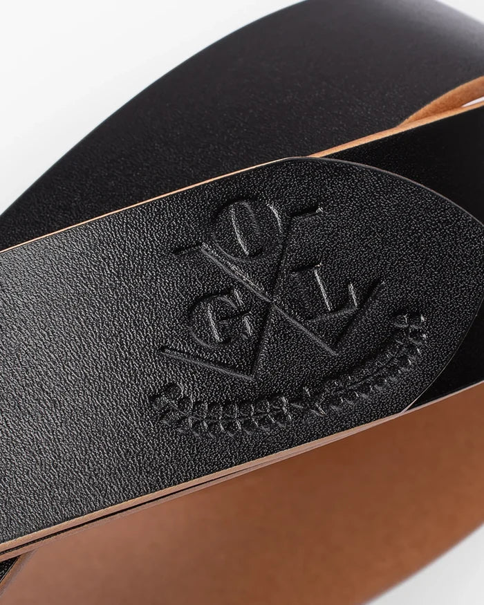 Obbi Good Label Single Prong Garrison Buckle Leather Belt - Hand-Dyed Black - Embossed logo on tip of belt