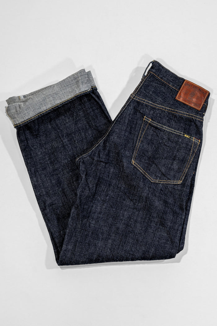 Oni Denim 222-LS - 13.5oz Super Wide Straight "Long Slub". laid on side with cuff showing