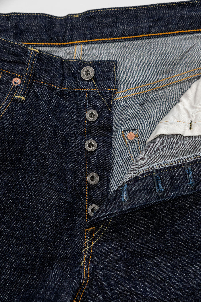 Oni Denim 270-LS - 13.5oz Regular Straight "Long Slub". close up of button fly undone