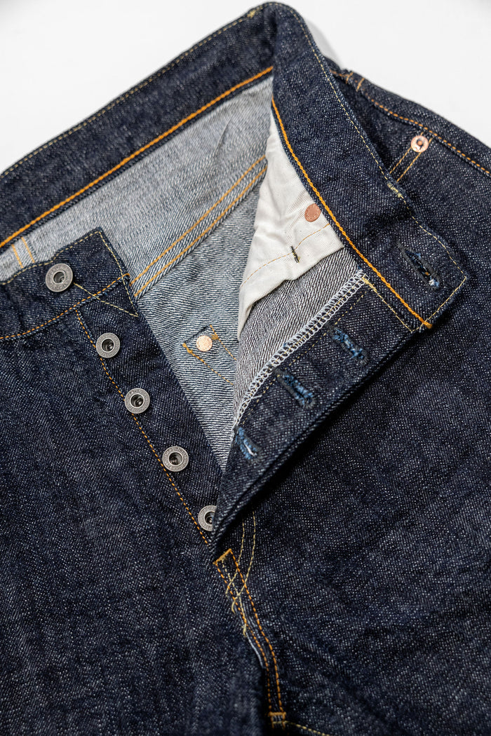 Oni Denim 270-LS - 13.5oz Regular Straight "Long Slub". close up shot of button fly undone and inside of pant