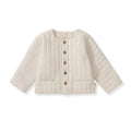 Off-white quilted organic cotton jacket with button front and stand collar, elbow-length sleeves