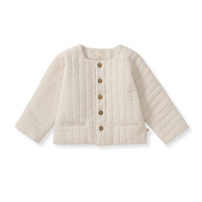 Off-white quilted organic cotton jacket with button front and stand collar, elbow-length sleeves