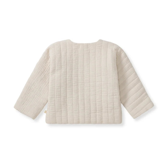 Off-white quilted organic cotton jacket with vertical panel texture and elbow-length sleeves