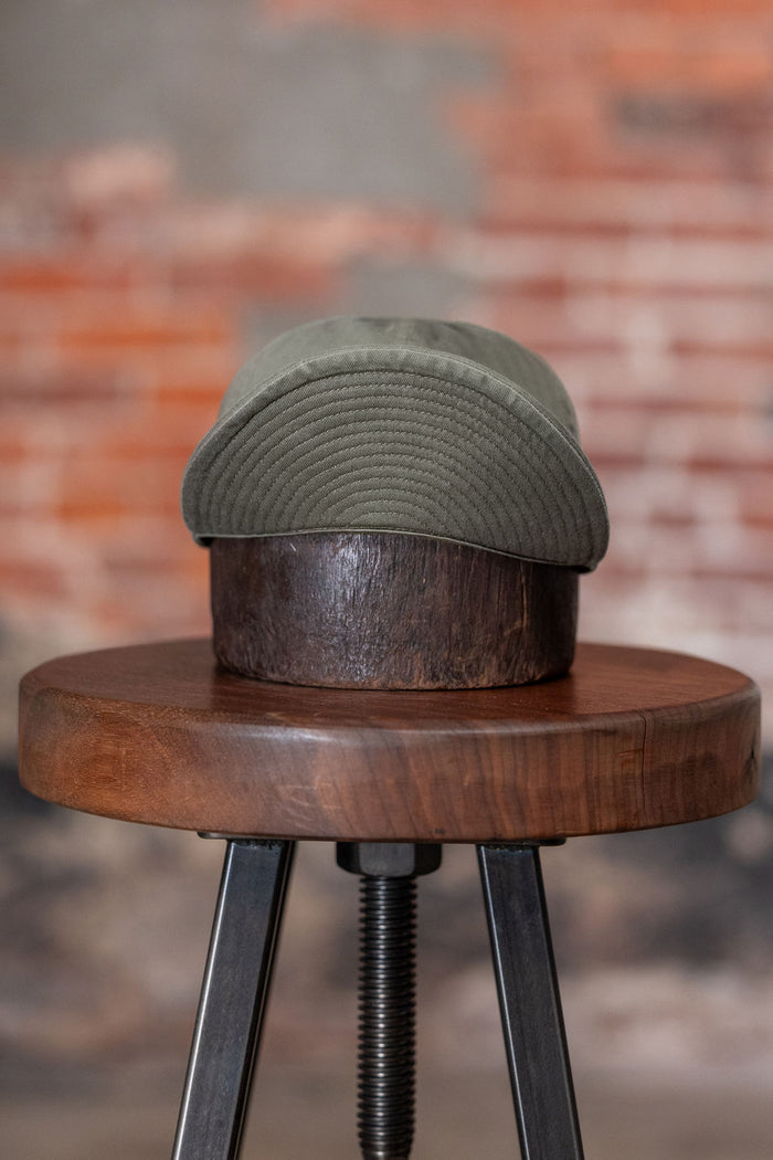 Papa Nui Papa A-3 longbill cap in olive, front view with bill flipped up