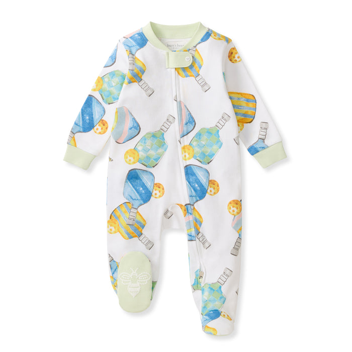 White footed cotton sleep & play with full front zipper, colorful pickleball racket pattern