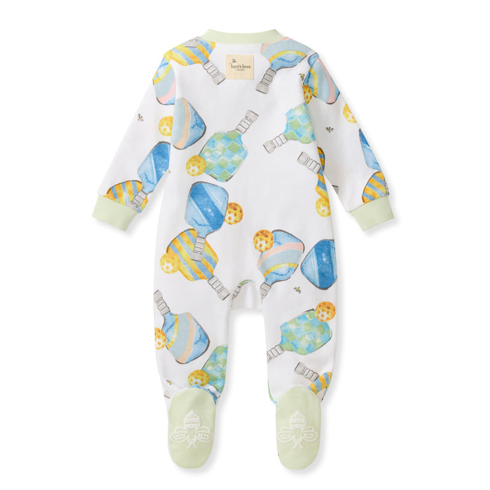 White footed sleeper with round neckline and colorful pickleball print, long sleeves